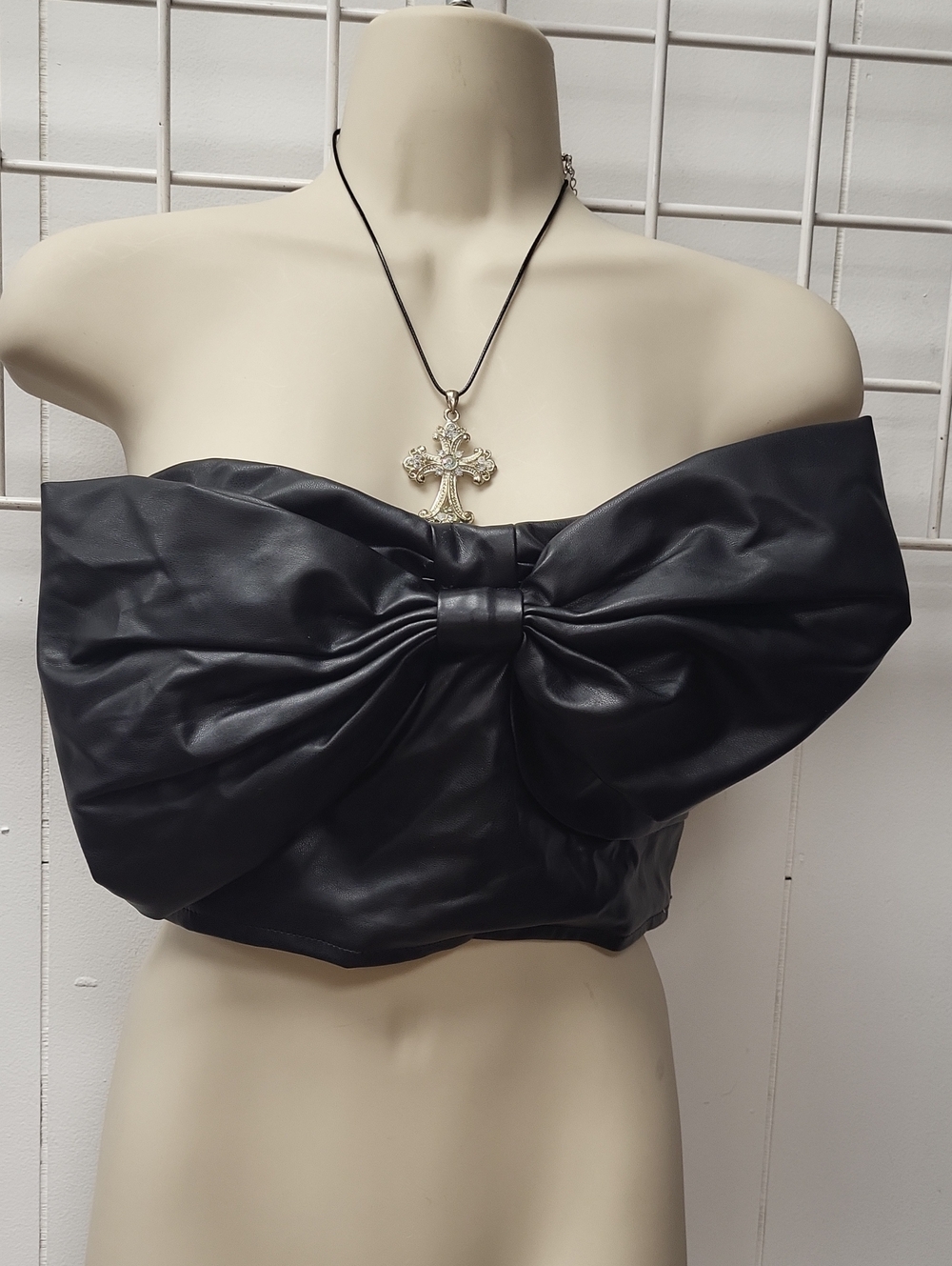 Black Faux Leather Bow Strapless Crop Top, Small